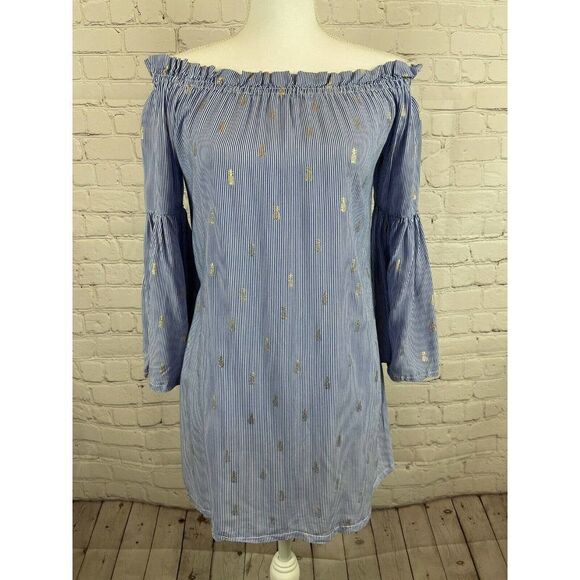 ANTHROPOLOGY SOLITAIRE striped white blue cold shoulder flared top tunic S - Picture 1 of 9